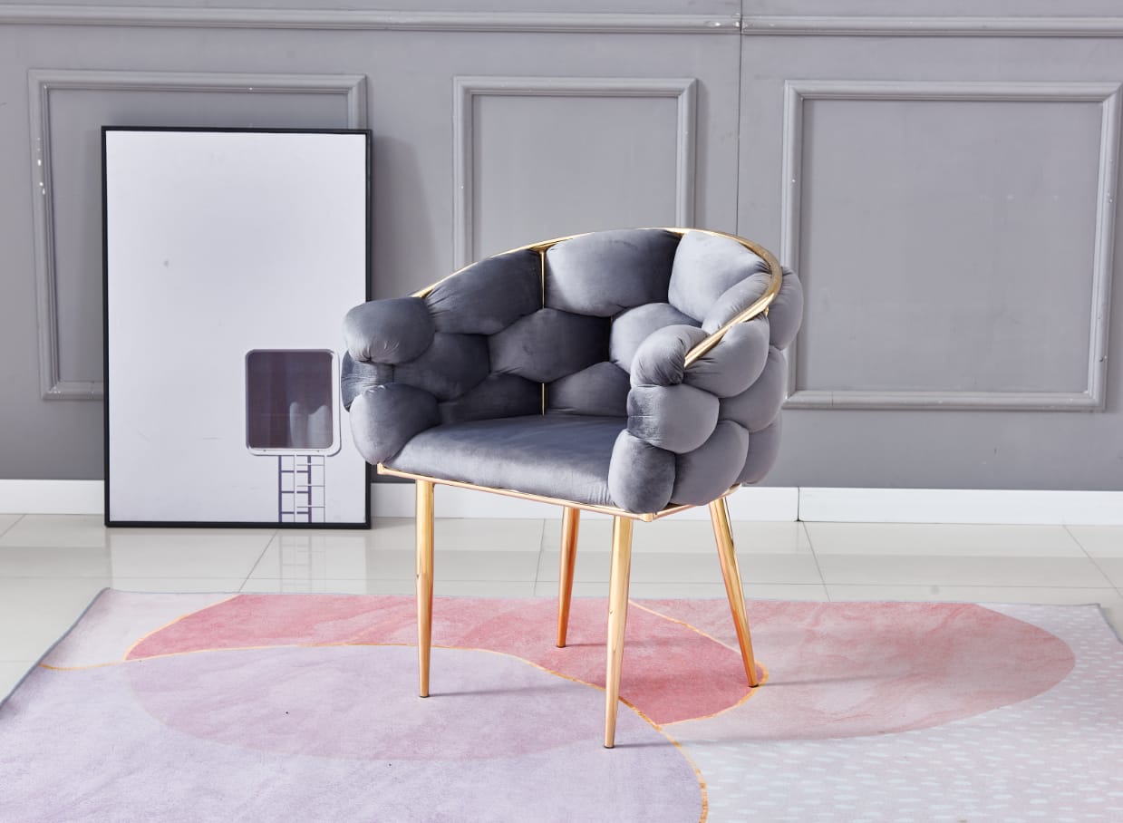 CHAISE BALLON GRIS PIEDS DORÉS